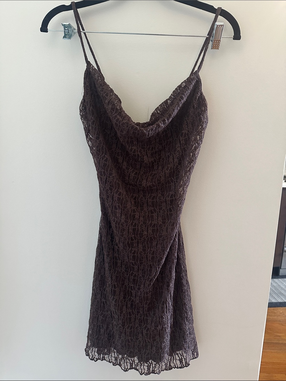Bershka Chocolate Brown Lace Cowl Mini Dress with Silver Shimmer